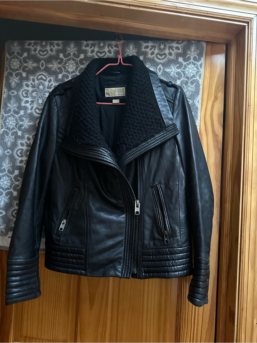 Michael Kors Black Leather Moto Jacket with Knit Collar